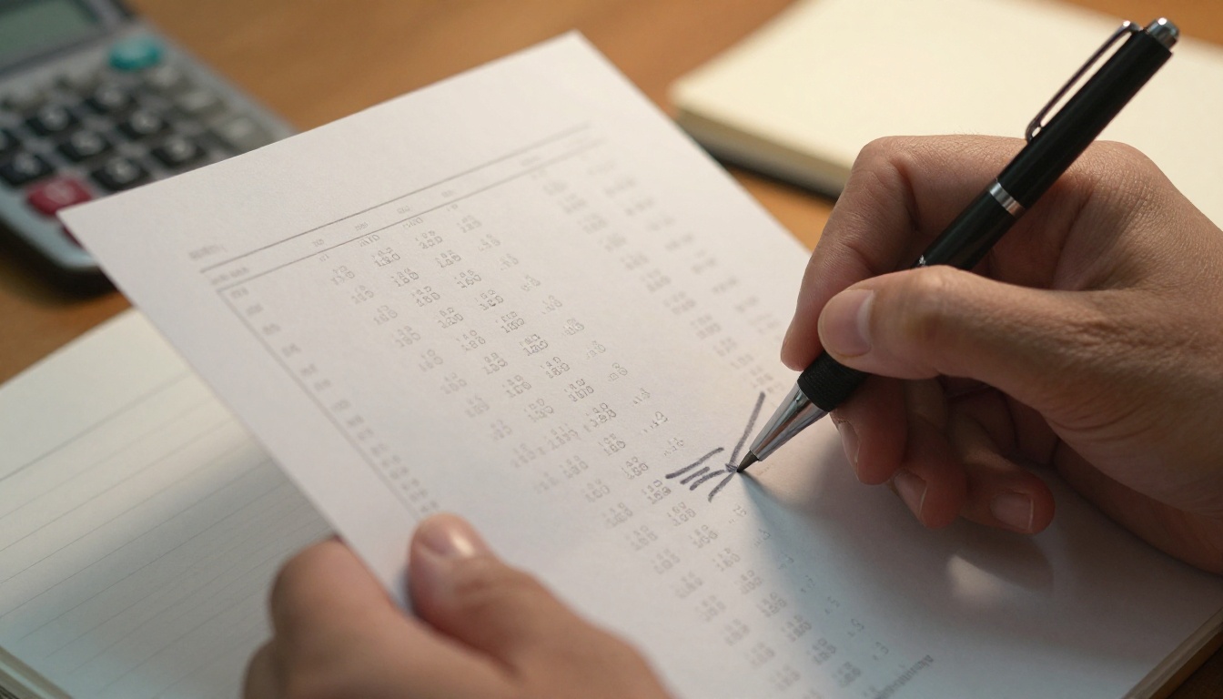 Hands holding a printed pricing sheet with a pen underlining one row