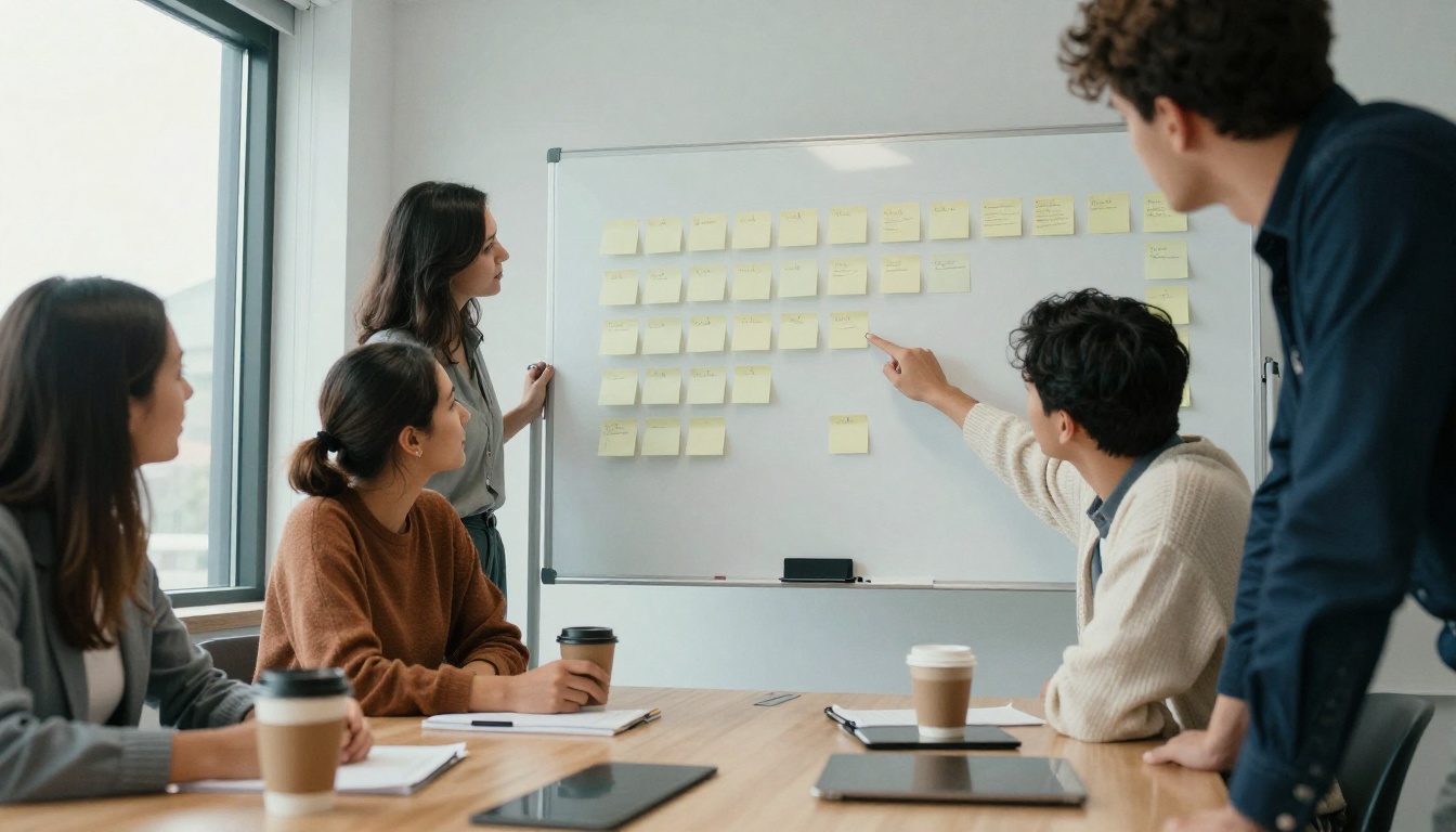 Marketing team gathered around a whiteboard in a bright meeting room