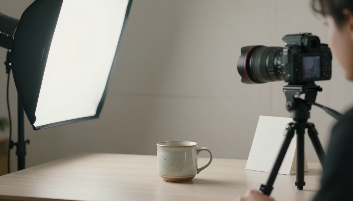 Solo creator filming a product video at a table with a softbox
