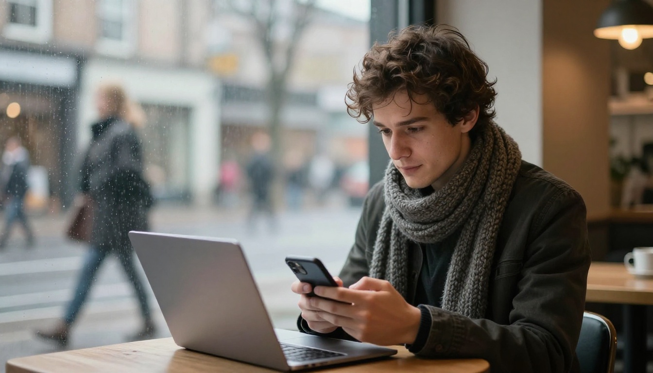 Young entrepreneur at a cafe window table reading a laptop screen