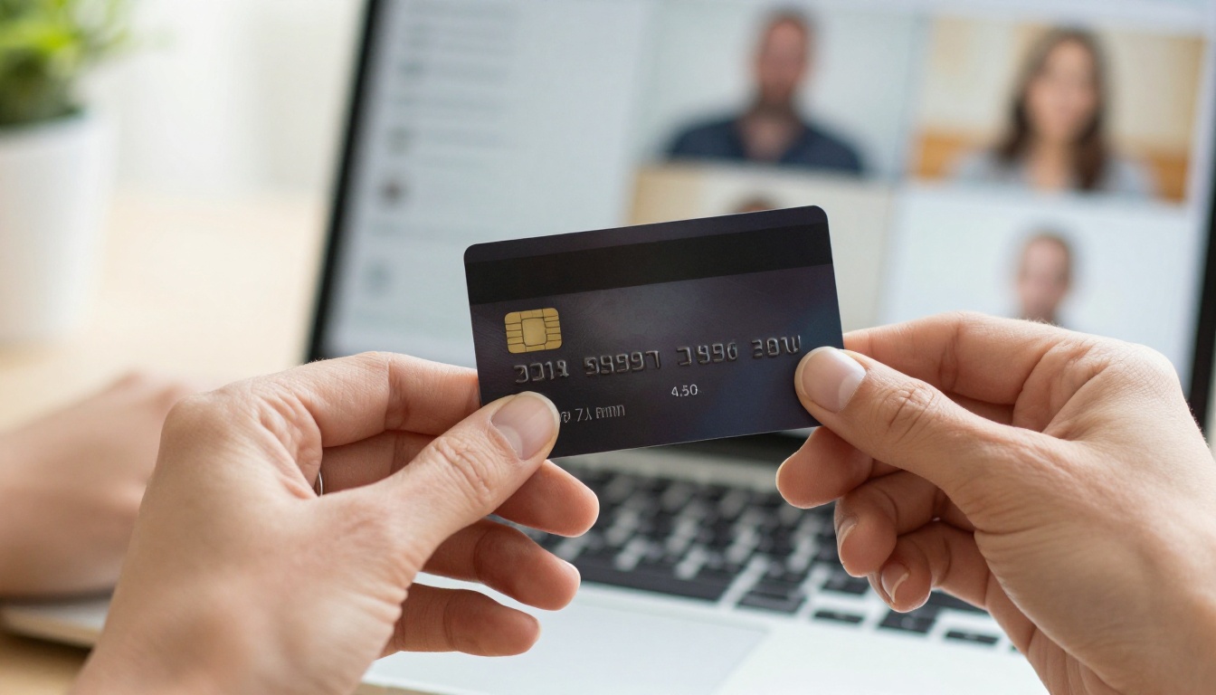 Hands holding a dark credit card above an open laptop while a video preview glows on the screen Hands holding a dark credit card above an open laptop while a video preview glows on the screen