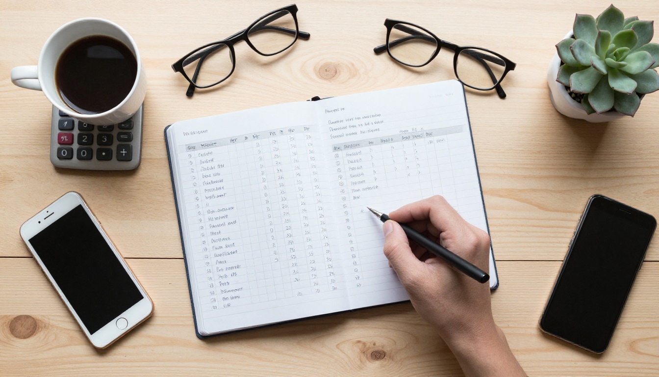 Overhead view of a notebook full of handwritten budget calculations next to a calculator and a coffee cup Overhead view of a notebook full of handwritten budget calculations next to a calculator and a coffee cup