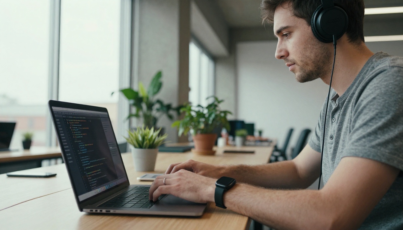 A developer in a grey henley typing on a laptop at a coworking table in bright overcast light A developer in a grey henley typing on a laptop at a coworking table in bright overcast light