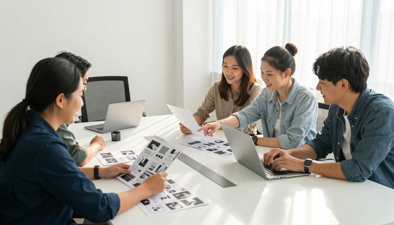 Four colleagues around a conference table reviewing printed storyboard frames and a laptop Four colleagues around a conference table reviewing printed storyboard frames and a laptop
