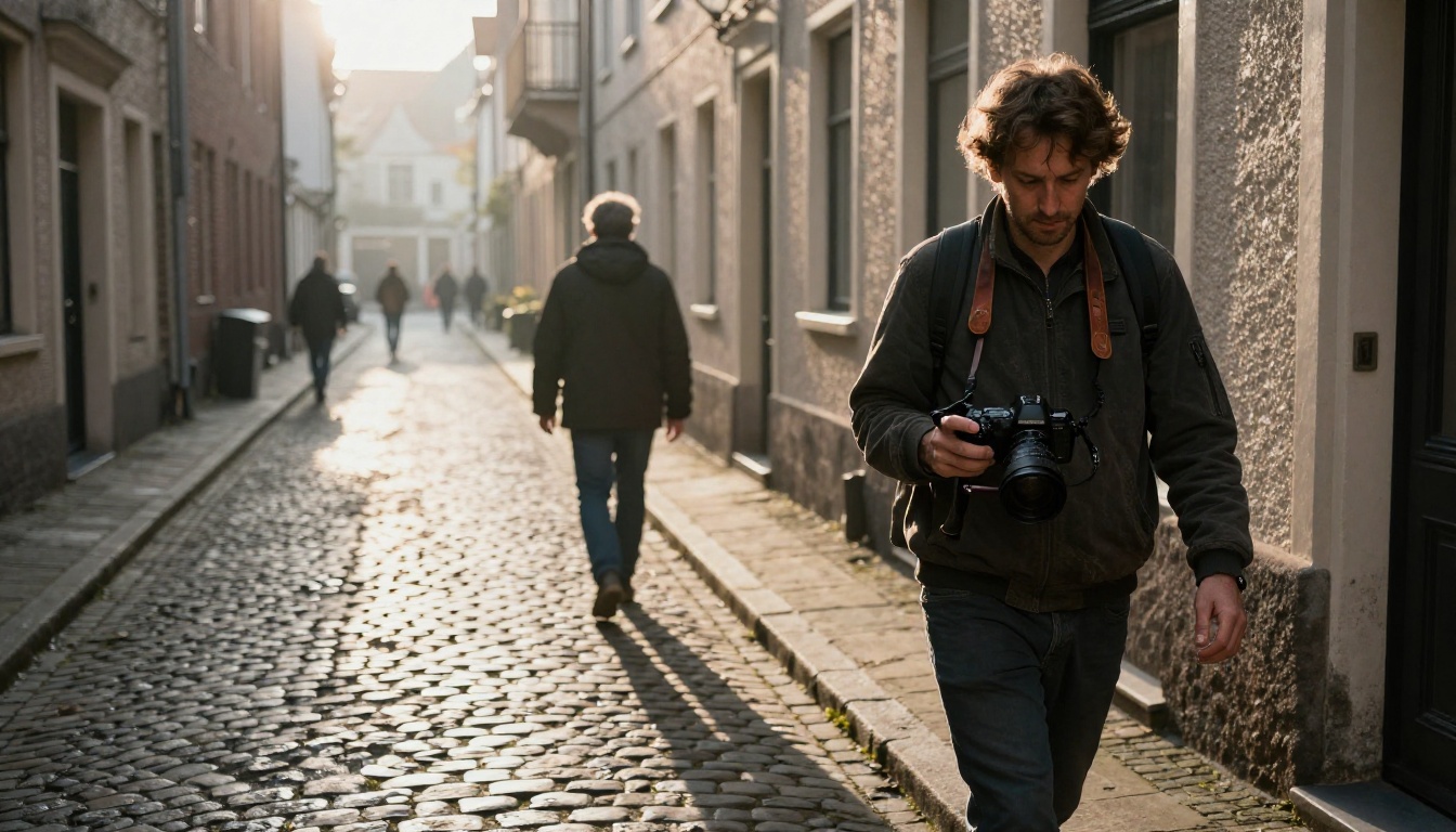 A filmmaker walking down a cobblestone alley at sunrise holding a camera on a gimbal A filmmaker walking down a cobblestone alley at sunrise holding a camera on a gimbal