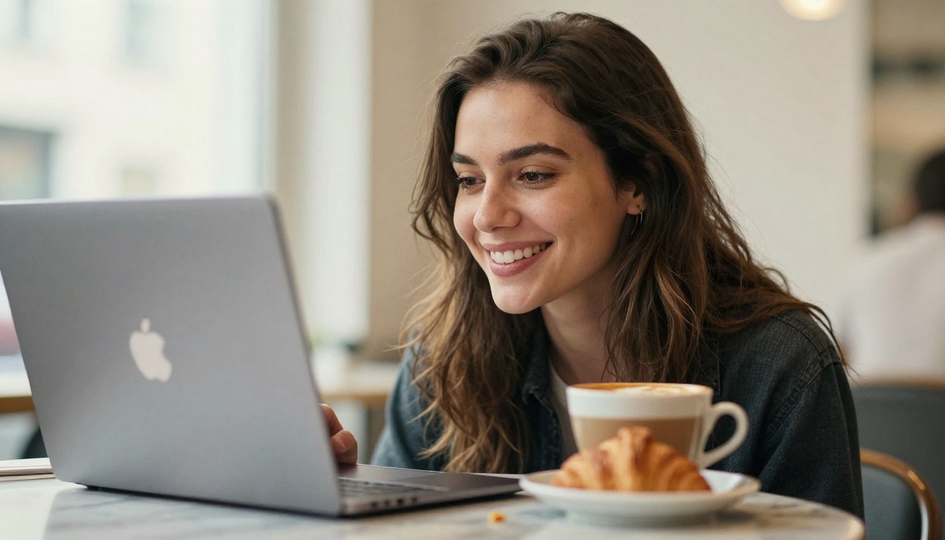 A young woman smiling at a laptop in a bright cafe with a latte and a croissant on a marble table A young woman smiling at a laptop in a bright cafe with a latte and a croissant on a marble table