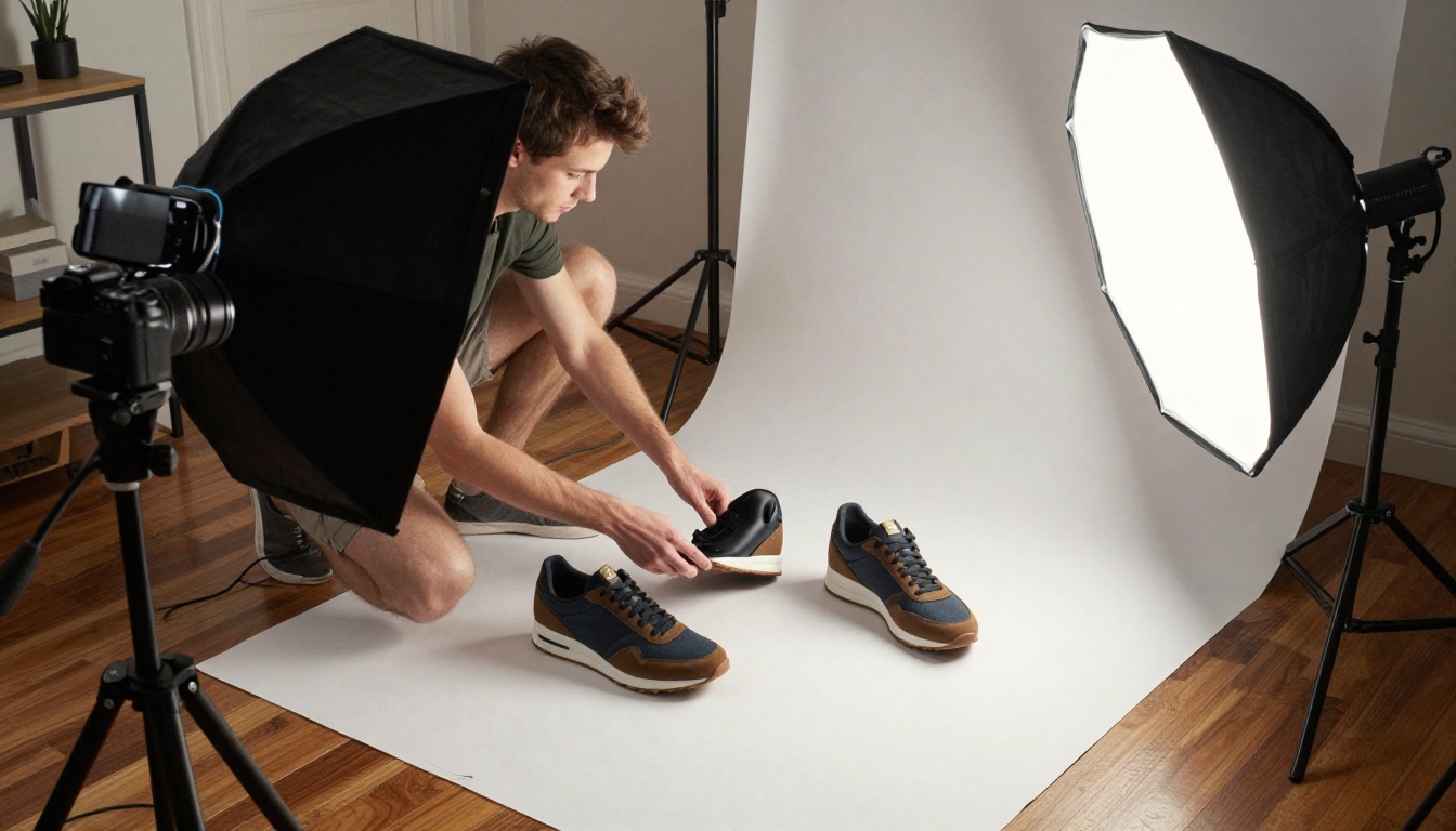 A home content studio where a man films sneakers on a paper backdrop with a softbox and tripod A home content studio where a man films sneakers on a paper backdrop with a softbox and tripod