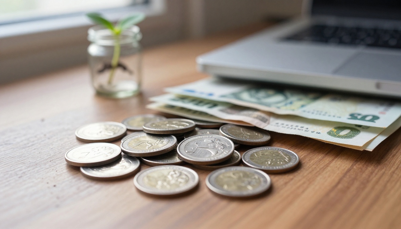 A small stack of silver coins and folded banknotes beside a closed laptop on a walnut table A small stack of silver coins and folded banknotes beside a closed laptop on a walnut table