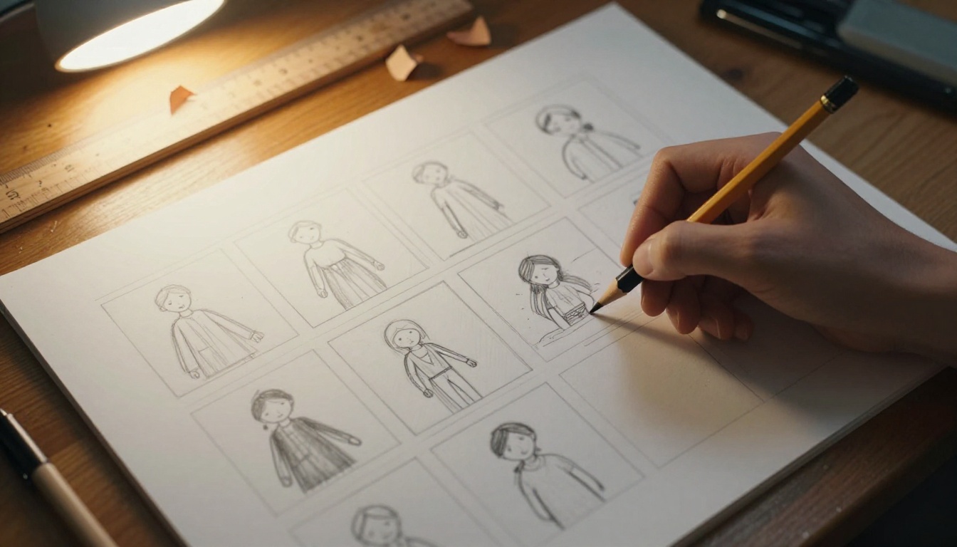 An illustrator sketching rough storyboard frames with a pencil on a large paper pad An illustrator sketching rough storyboard frames with a pencil on a large paper pad