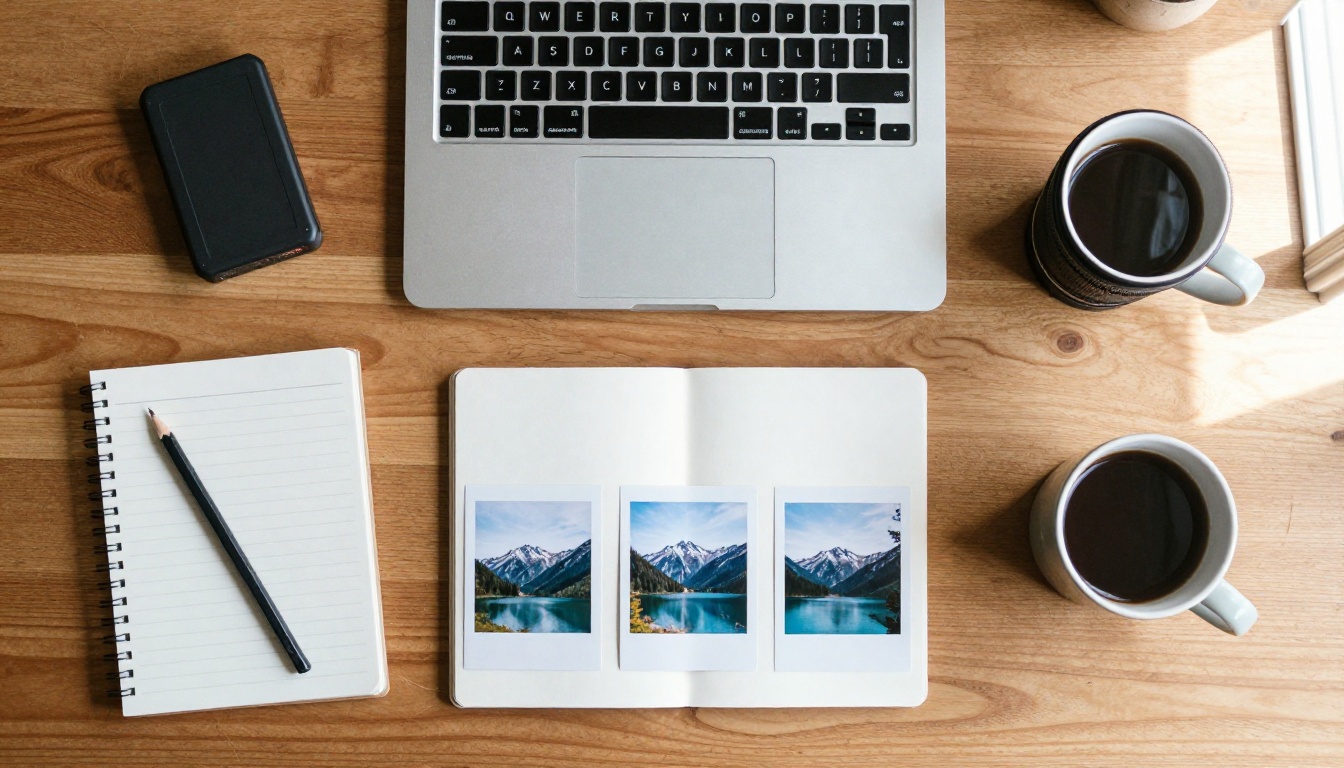 Overhead view of a photographer's walnut desk with a laptop, external drive, small prints and a coffee mug