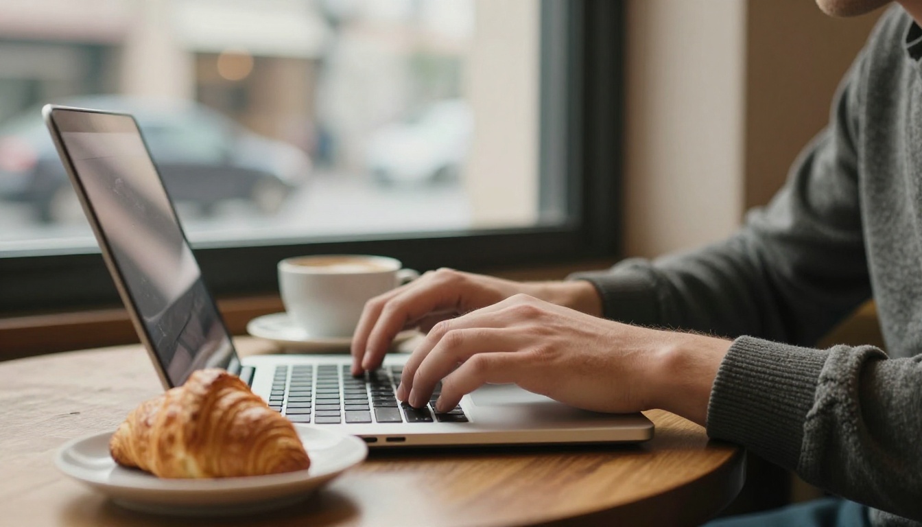 Close-up of a young man's hands typing on a laptop at a wooden cafe table next to a flat white
