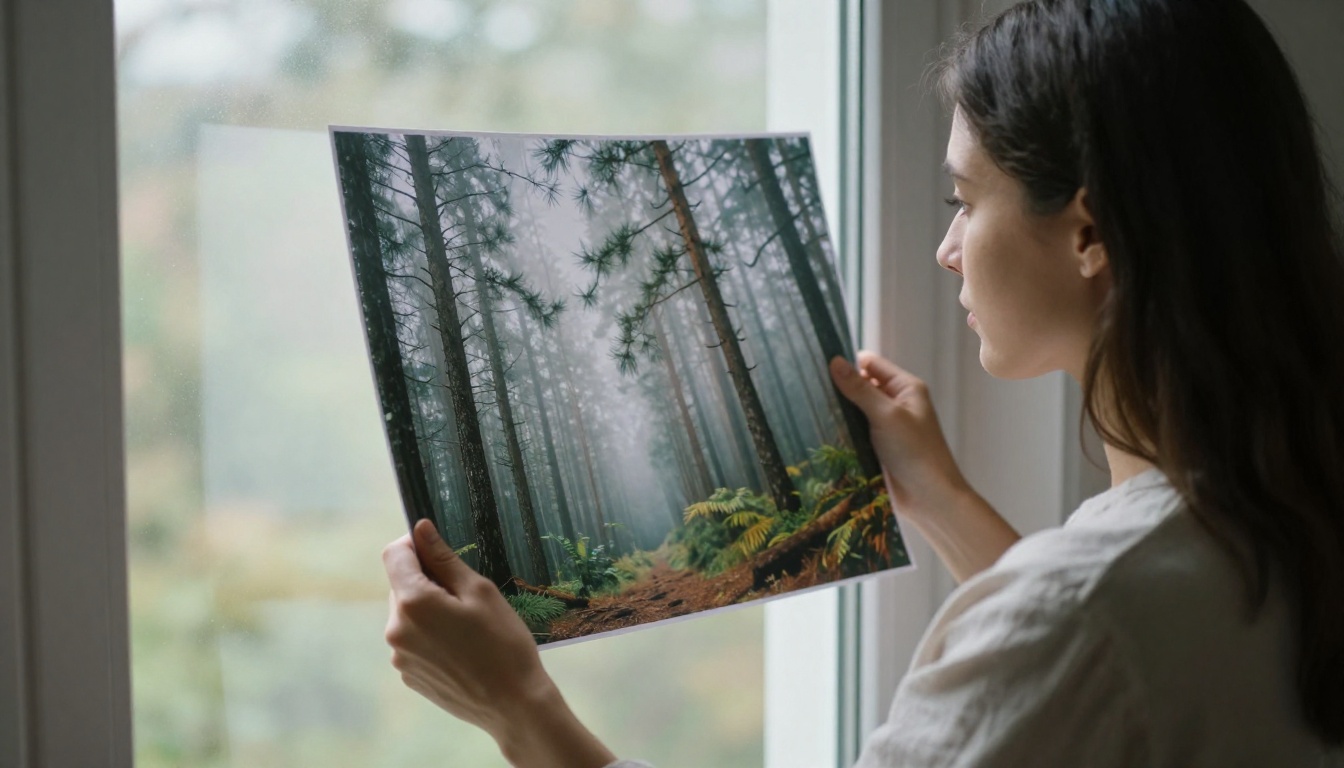 Low-angle shot of a woman at a tall window holding a large printed photograph of a misty pine forest
