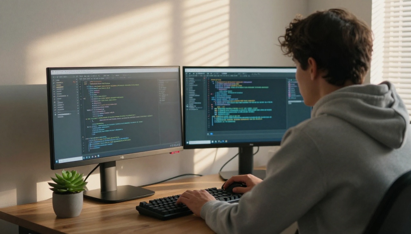 Developer in a grey hoodie at a standing desk with two monitors in golden afternoon light