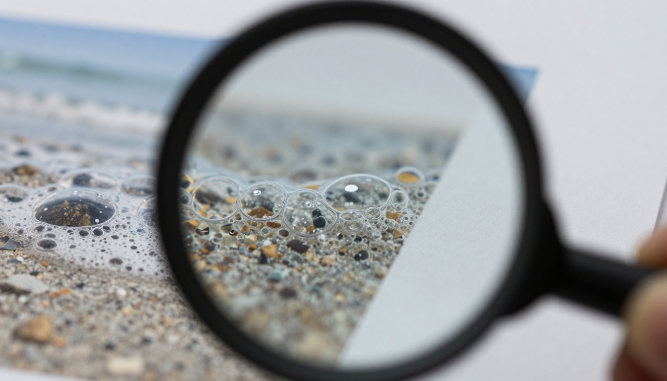 Extreme macro of a printed coastal photograph under a jeweler's loupe showing sea foam and paper fibers