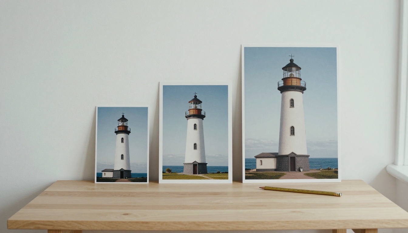 Three matte prints of the same lighthouse in small, medium and large sizes leaning against a white wall