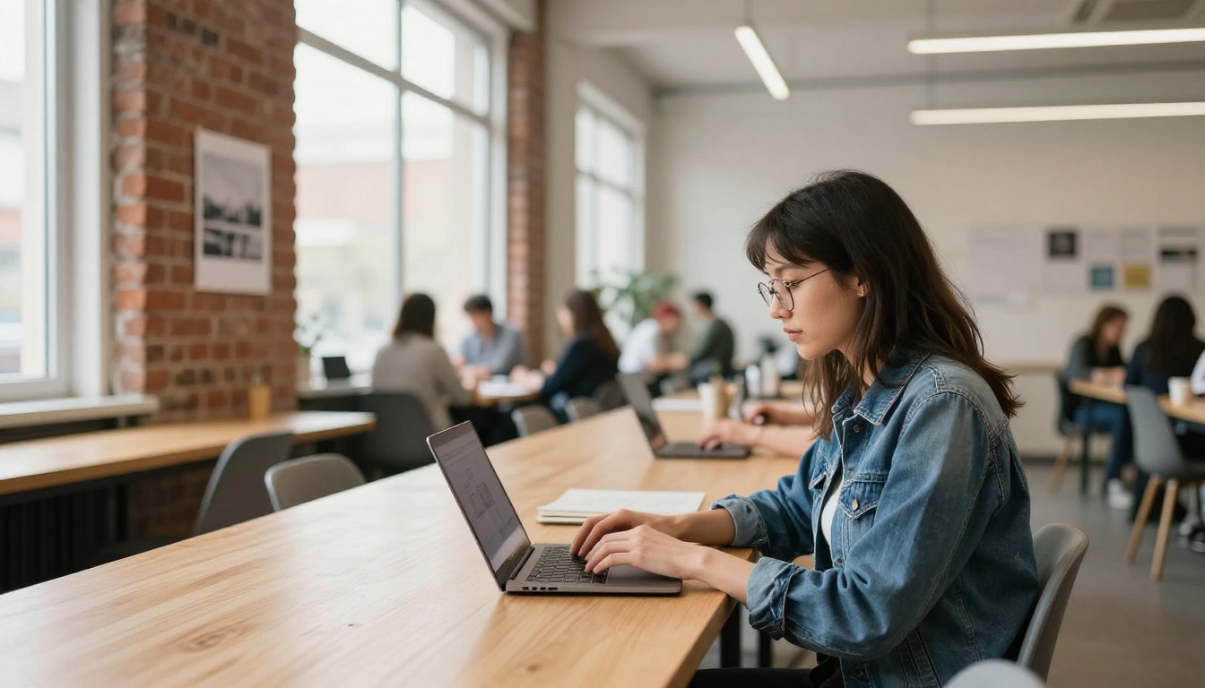 Woman in a denim jacket working on a laptop at a communal table in a bright co-working space