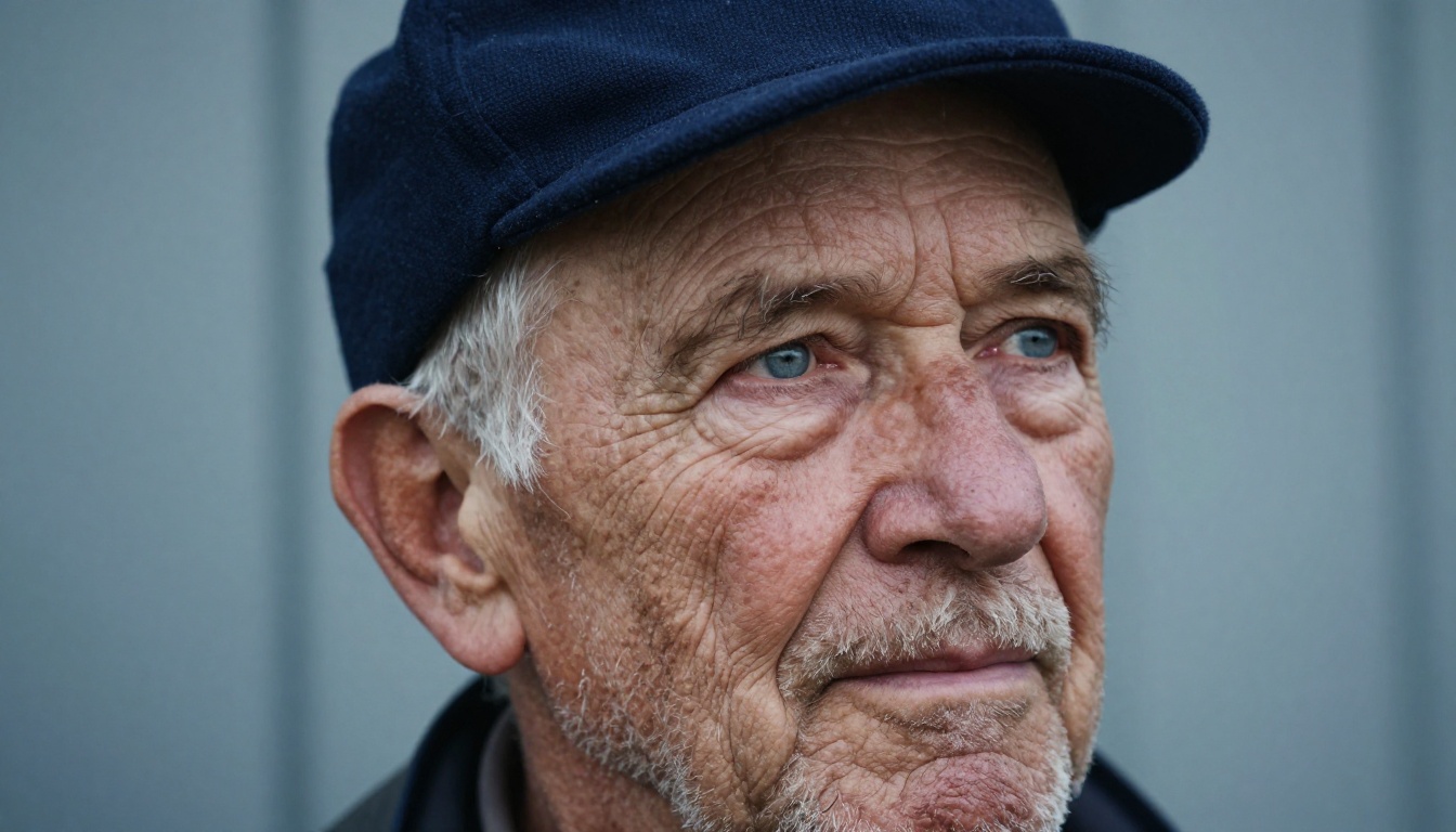 Dutch angle close-up portrait of an elderly fisherman with weathered skin and a navy wool cap