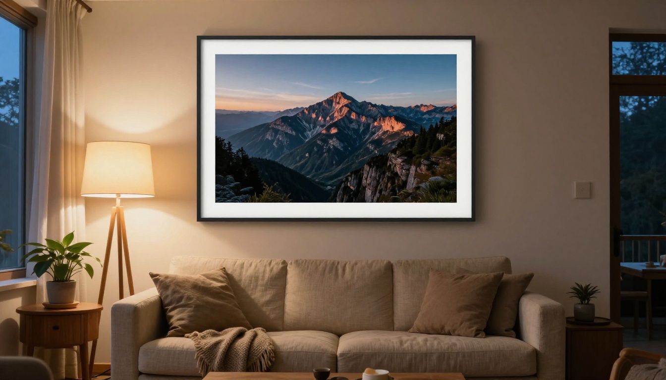 Wide interior view of a living room with a large sharp framed mountain valley photograph above a linen sofa