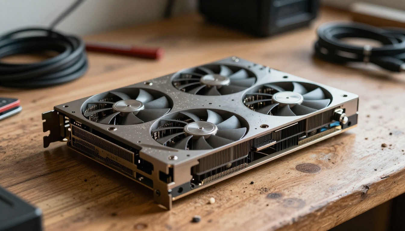 Graphics card lying on an oak workbench Graphics card lying on an oak workbench