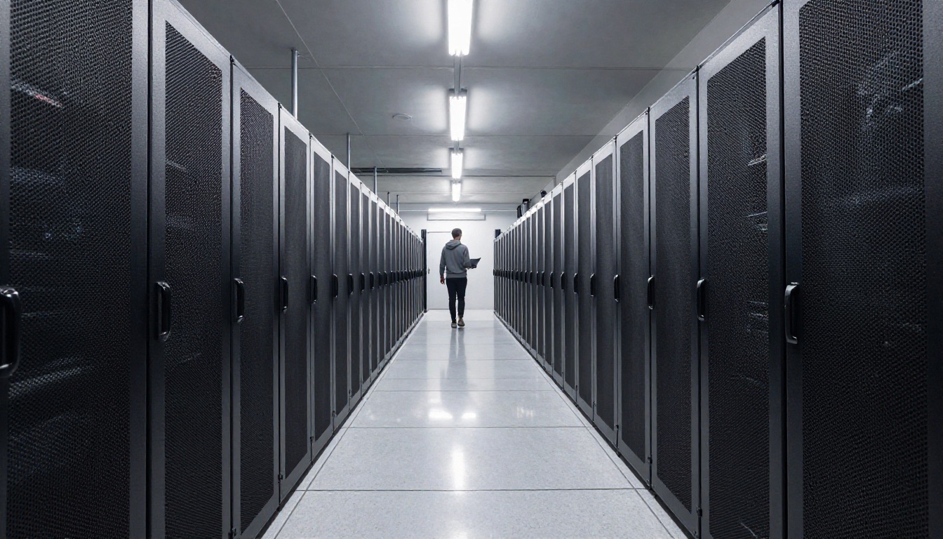 Low-angle view down a long aisle of server racks in a data center Low-angle view down a long aisle of server racks in a data center