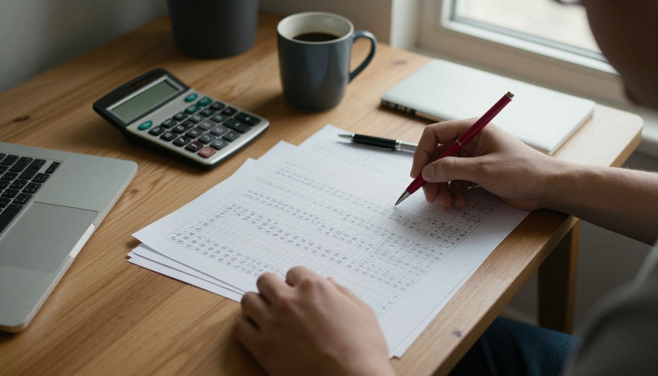 Desk with a printed spreadsheet, calculator and red pen Desk with a printed spreadsheet, calculator and red pen