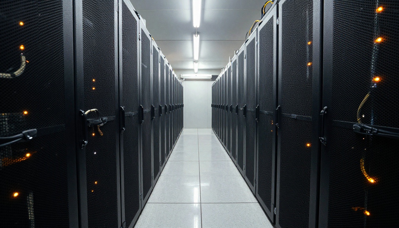 Long data center aisle lined with black server racks and amber status lights