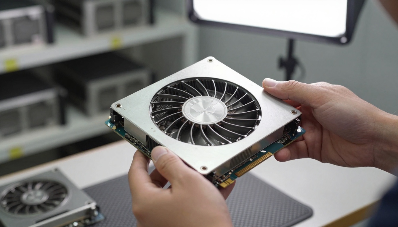 Gloved hands holding a server GPU accelerator board Gloved hands holding a server GPU accelerator board