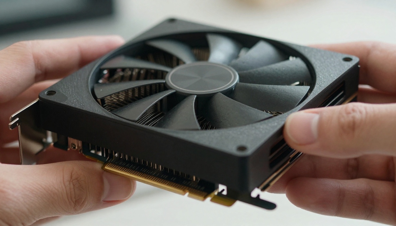 Hands holding a graphics card with a black shroud and aluminum heatsink