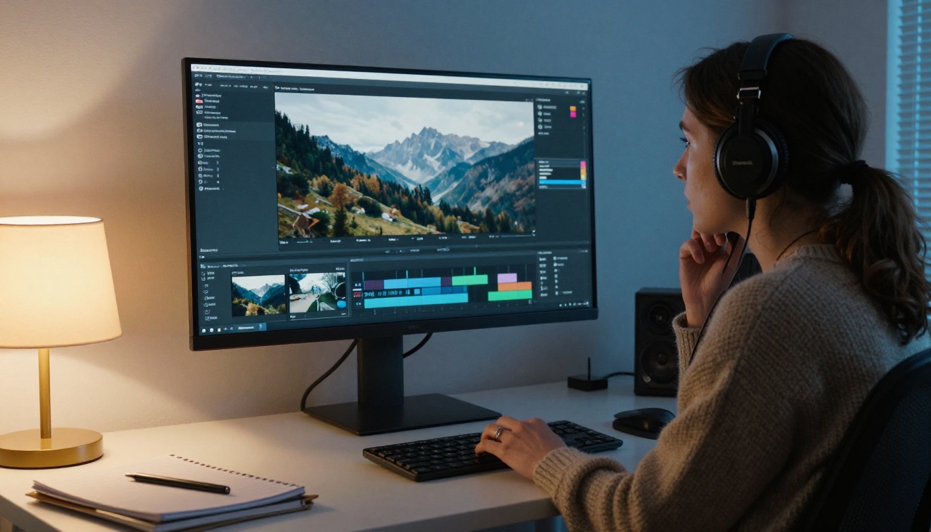 Video editor reviewing a paused cinematic clip on a large monitor Video editor reviewing a paused cinematic clip on a large monitor