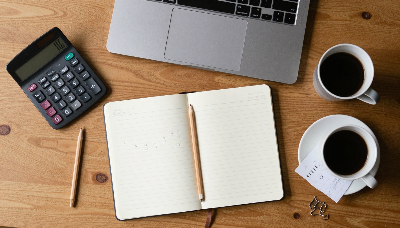 Overhead desk with a calculator, notebook, receipts and coffee