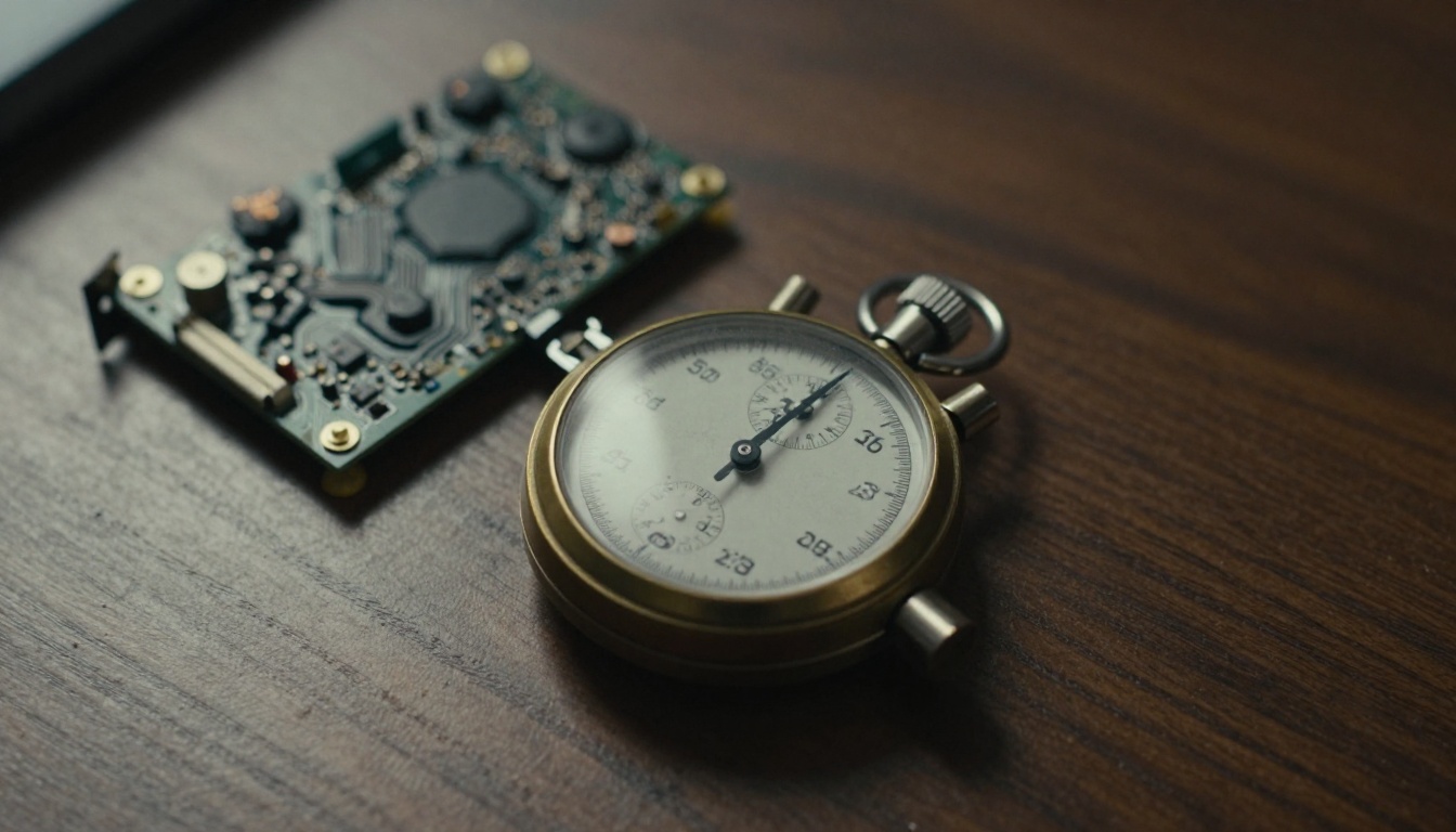 Analog stopwatch resting beside a graphics card Analog stopwatch resting beside a graphics card