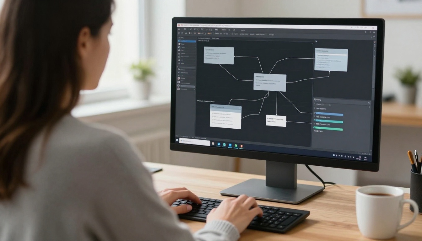 Woman working at a large monitor showing a blurred node workflow in a bright office