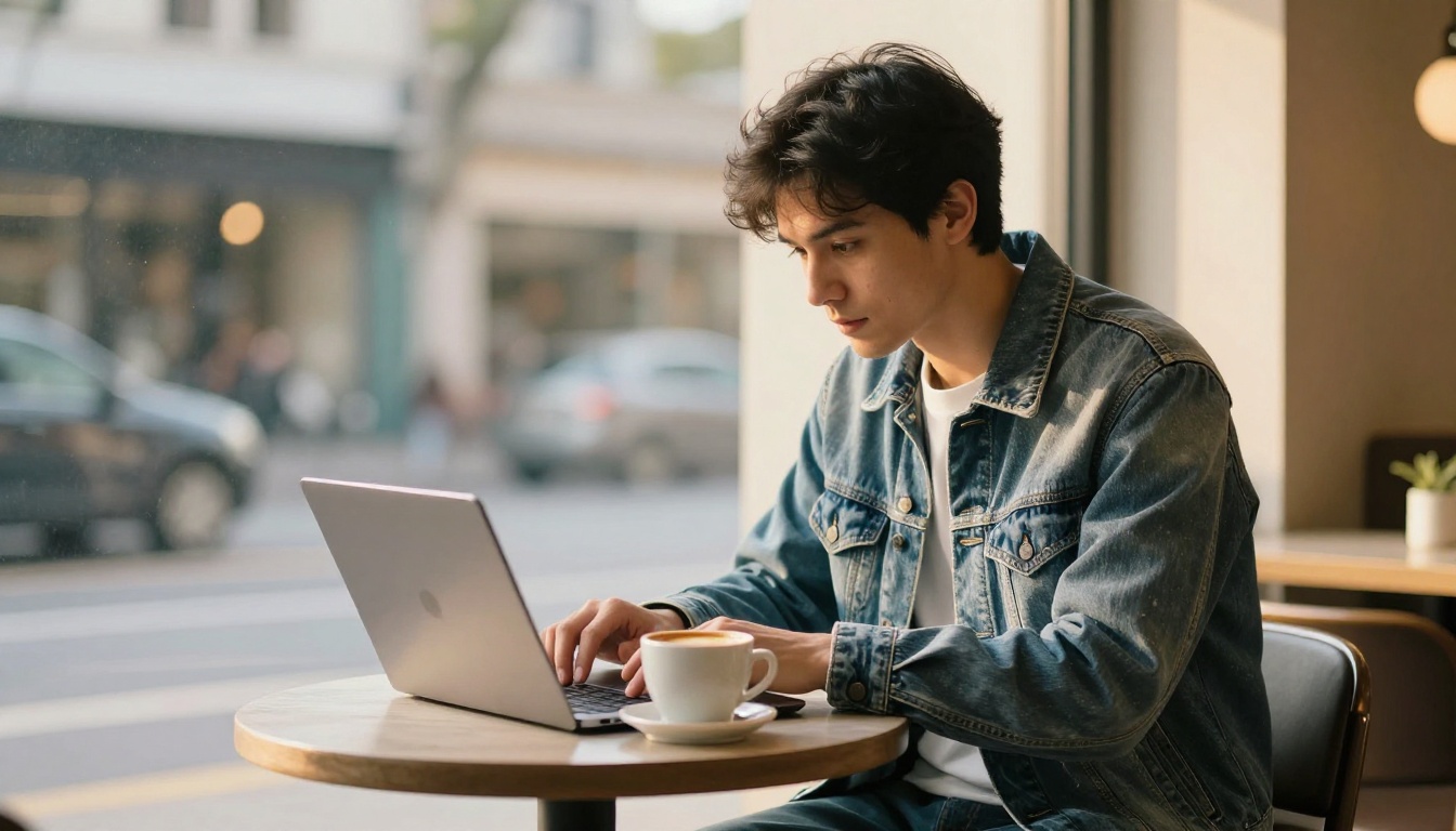Young man working on a laptop at a sunlit cafe table