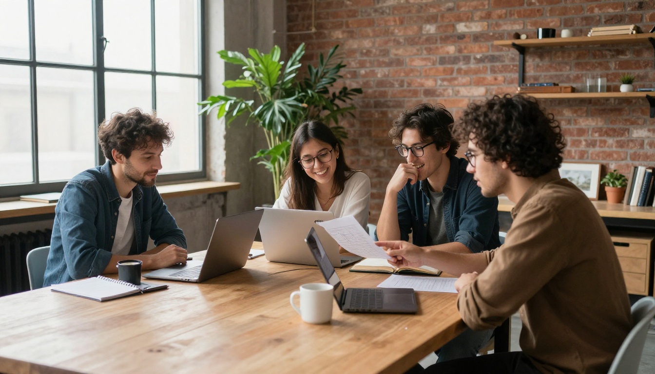 Three freelancers comparing figures at a table in a bright loft Three freelancers comparing figures at a table in a bright loft