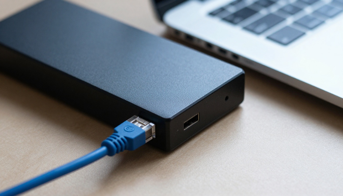 Black external drive plugged into a laptop beside a bundle of blue network cables