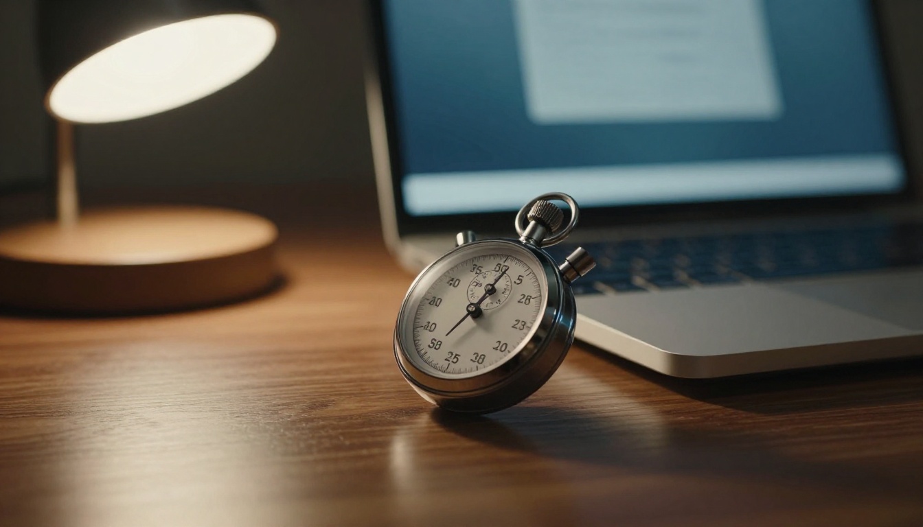 Mechanical stopwatch next to an open laptop on a walnut desk