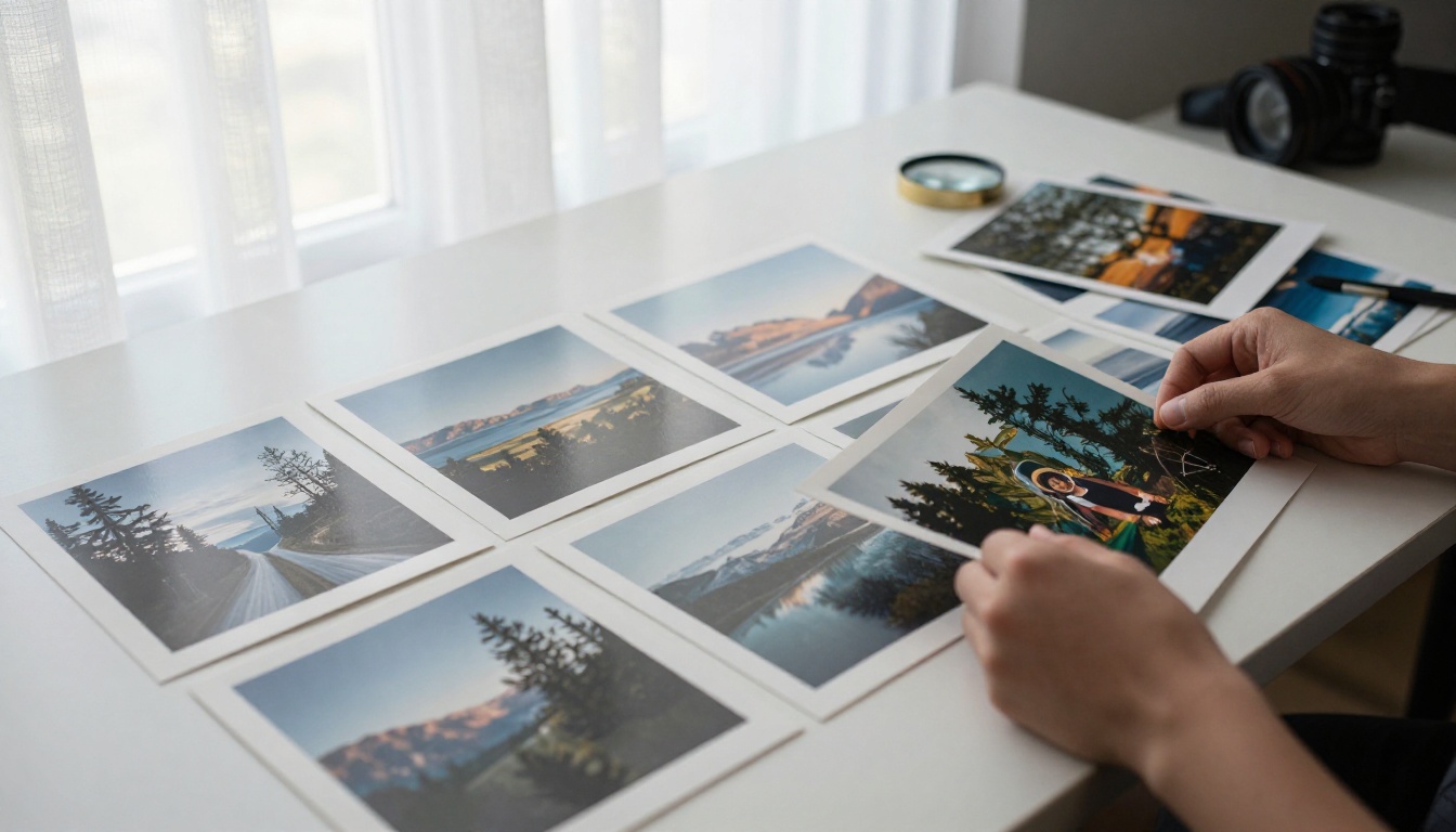 Photographer's hands sorting printed photographs on a long white table