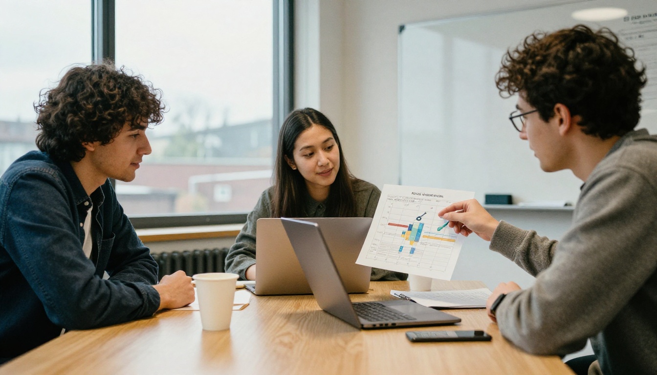 Three colleagues around a meeting table looking at a laptop and a printed chart
