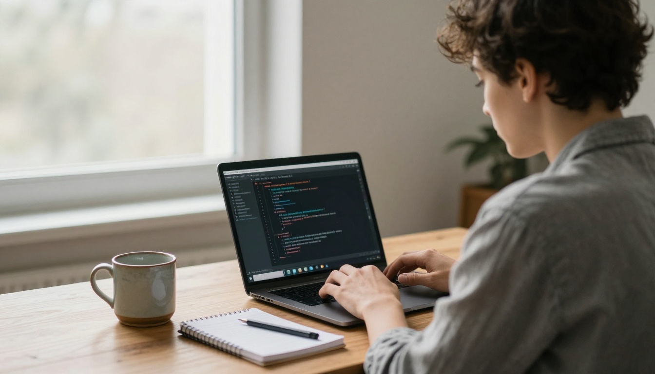 Young developer typing on a laptop at an oak desk with a dark code editor open