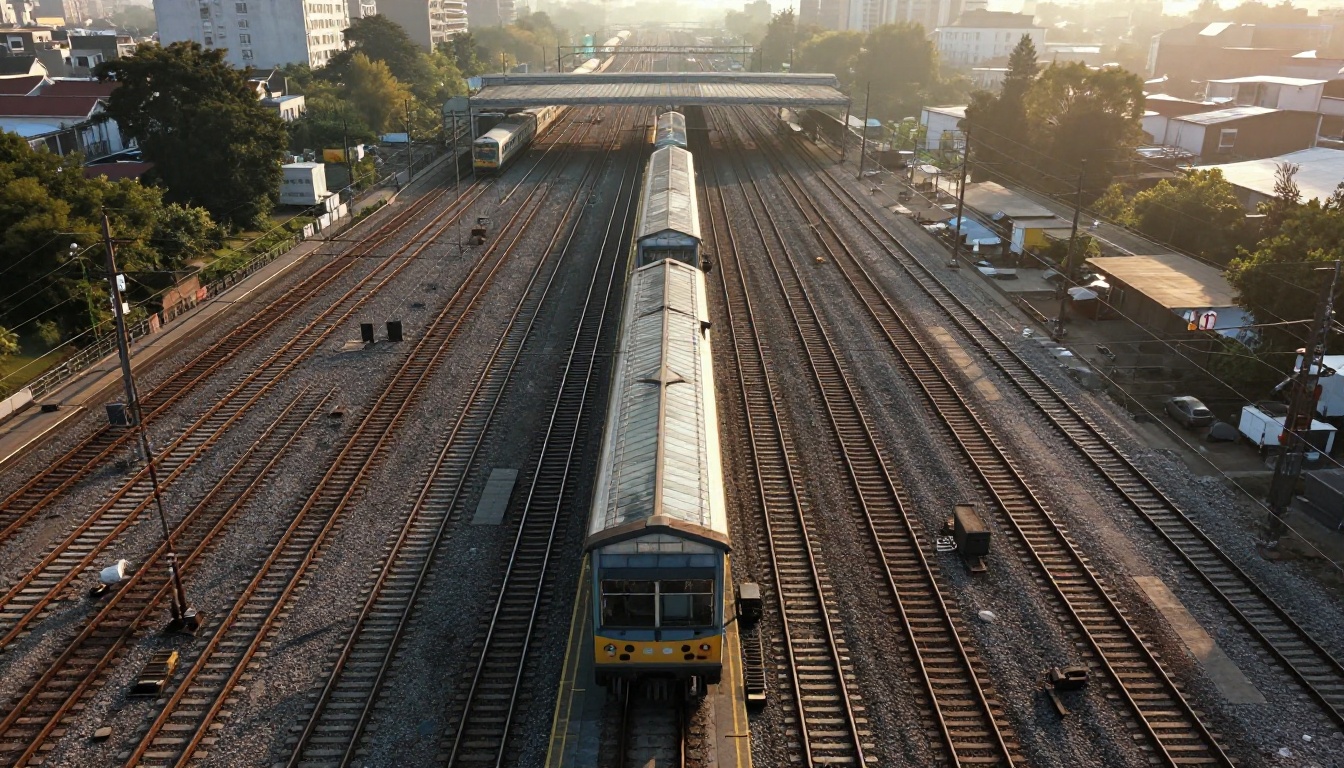 Aerial view of a railway junction where dozens of tracks merge into one glass-roofed terminal