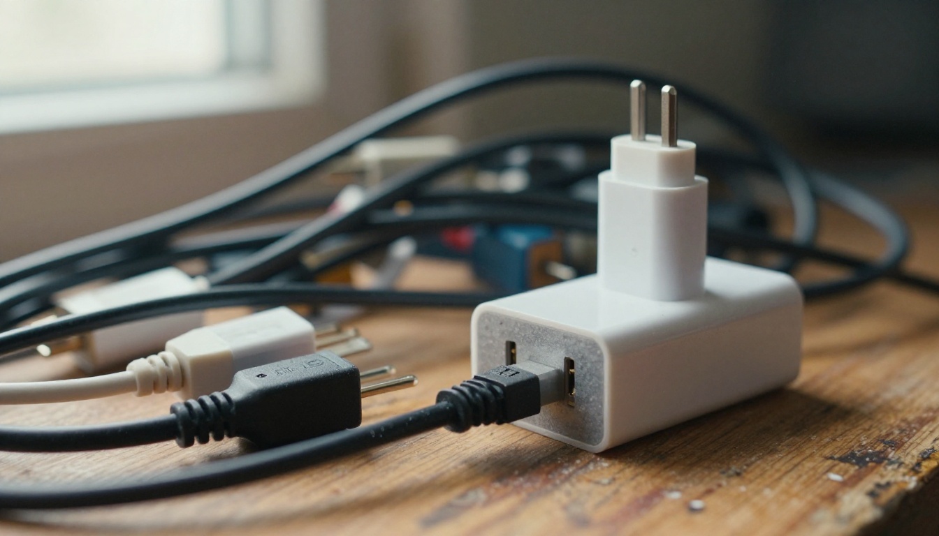 Macro photo of tangled mismatched charging cables beside one clean universal adapter