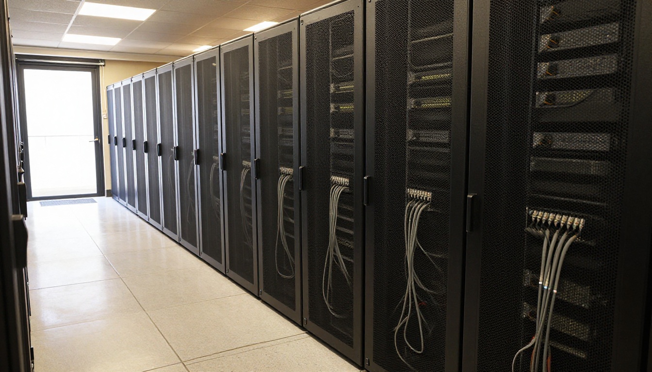Low-angle view down a quiet data center aisle with neatly bundled patch cables