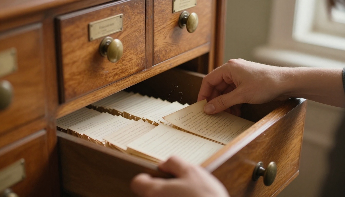Woman's hand pulling open a wooden drawer of an old library card catalogue