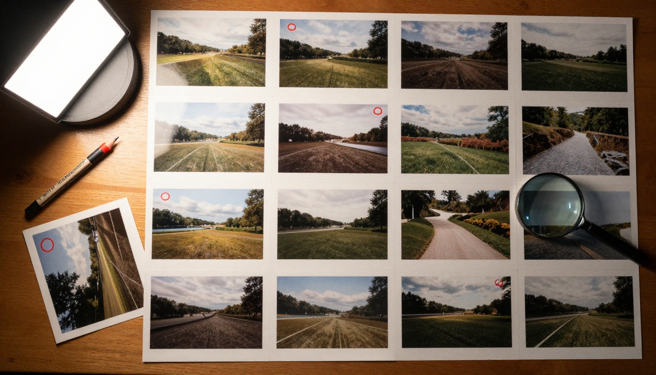 Flat lay of photographer's contact sheets with selected frames circled in red
