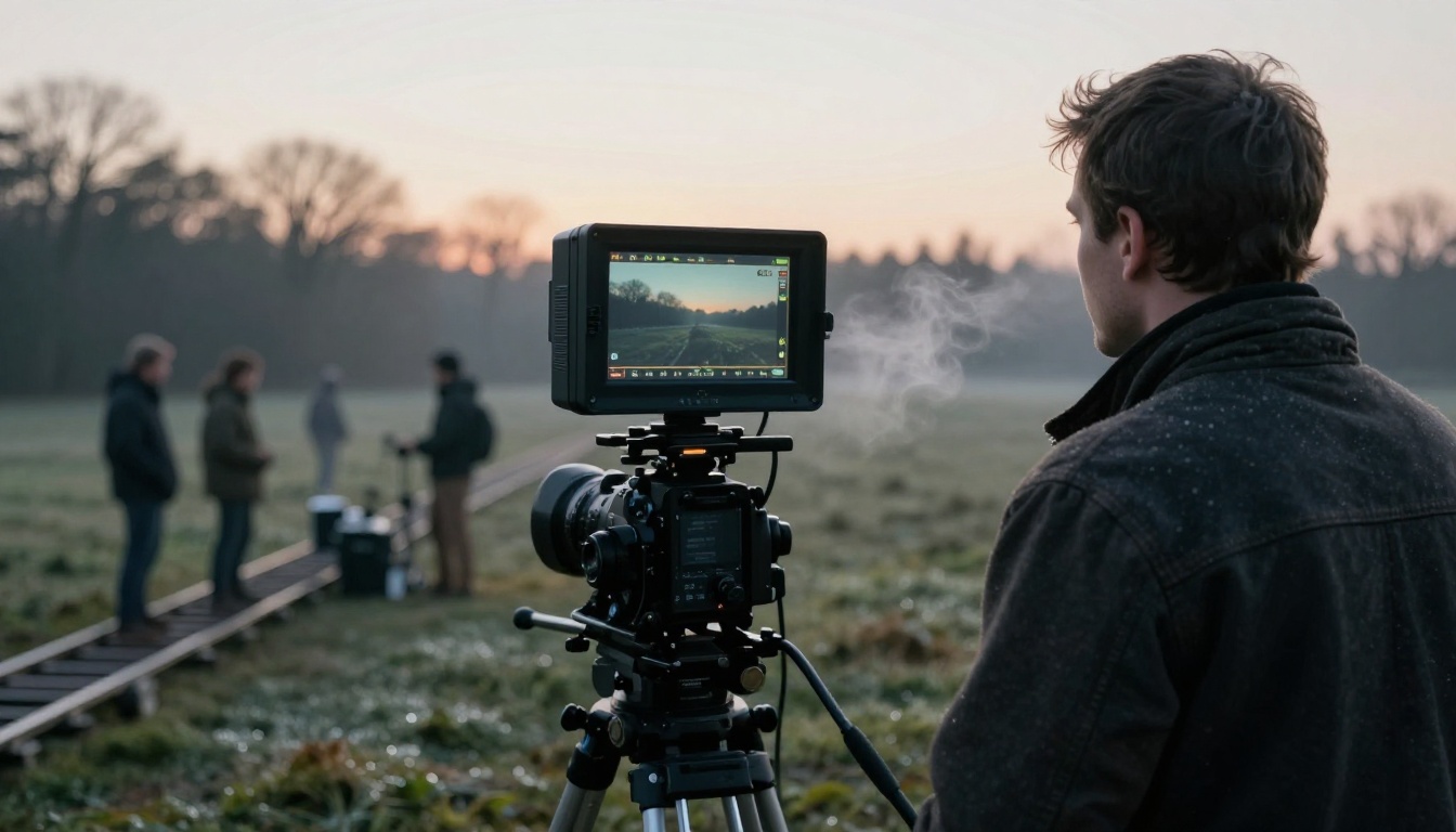 Film director watching a field monitor on a quiet outdoor movie set at dawn