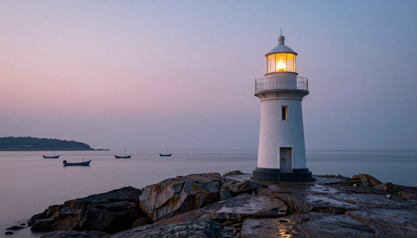 White lighthouse on a rocky headland at dusk above a calm harbour