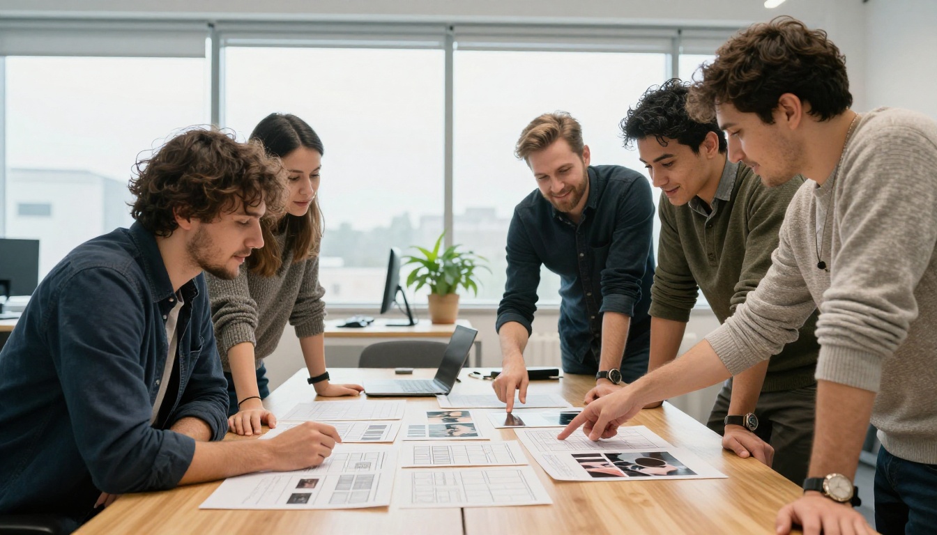 Four colleagues around a wooden table reviewing printed storyboards and photographs
