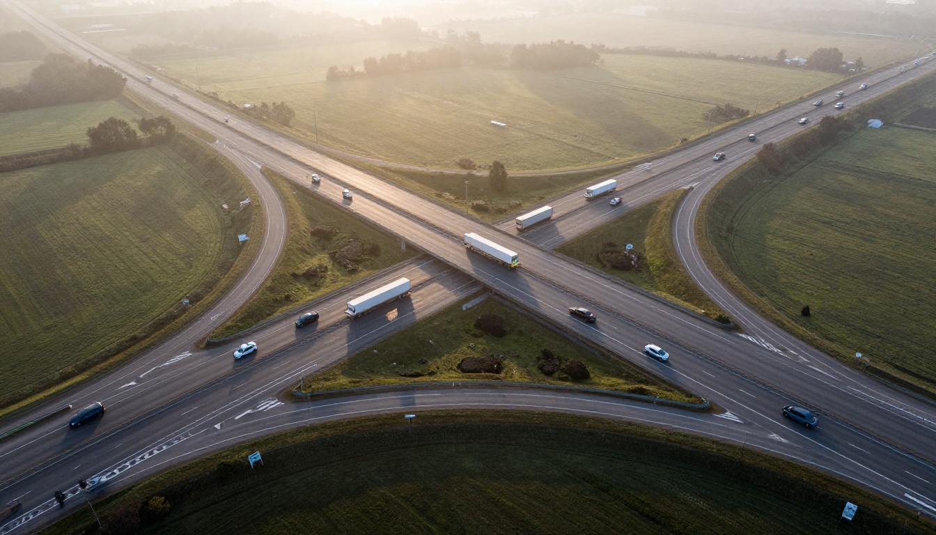 Aerial view of a highway interchange where traffic splits toward different exits