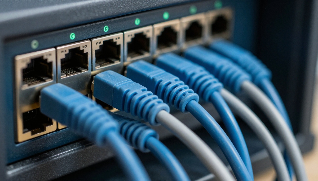 Close-up of ethernet cables plugged into a rack mounted network switch
