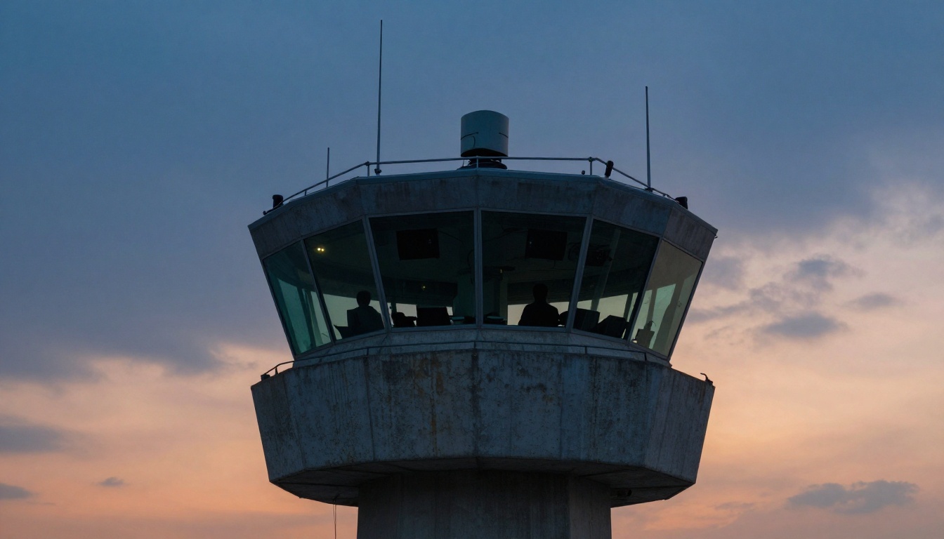 Low angle view of an air traffic control tower at dusk